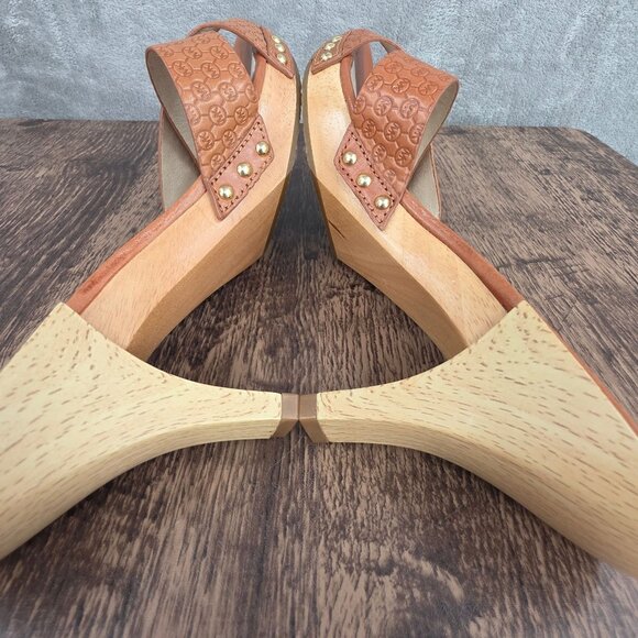 MICHAEL Kors Amelie Embossed Mules 9 M Brown Logo Leather Wooden Heel Designer - Picture 11 of 15